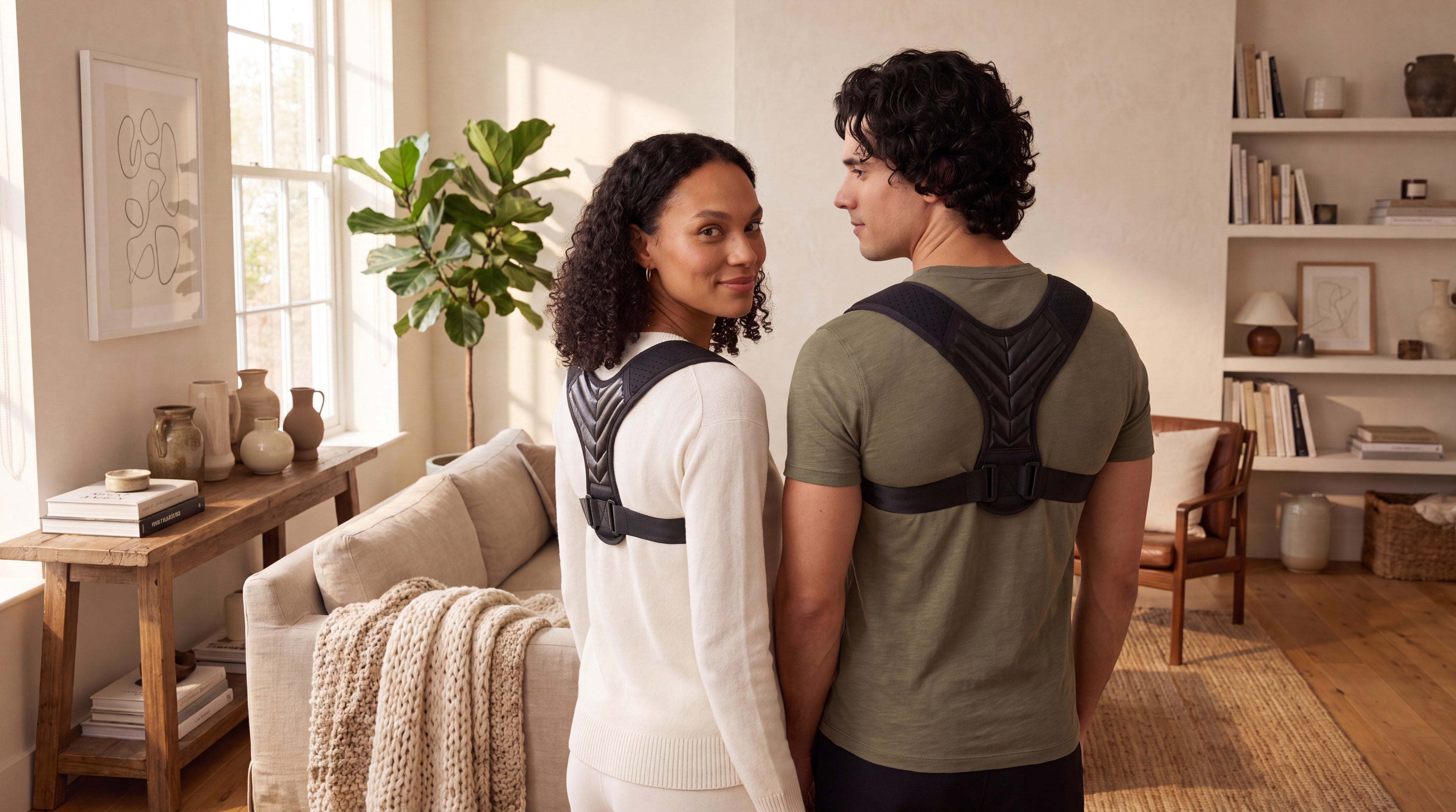 ALGN desktop hero - both models centered, warm lived-in living room